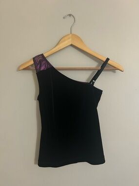 Asymmetrical Black Velvet Tank with Purple Shoulder Accent